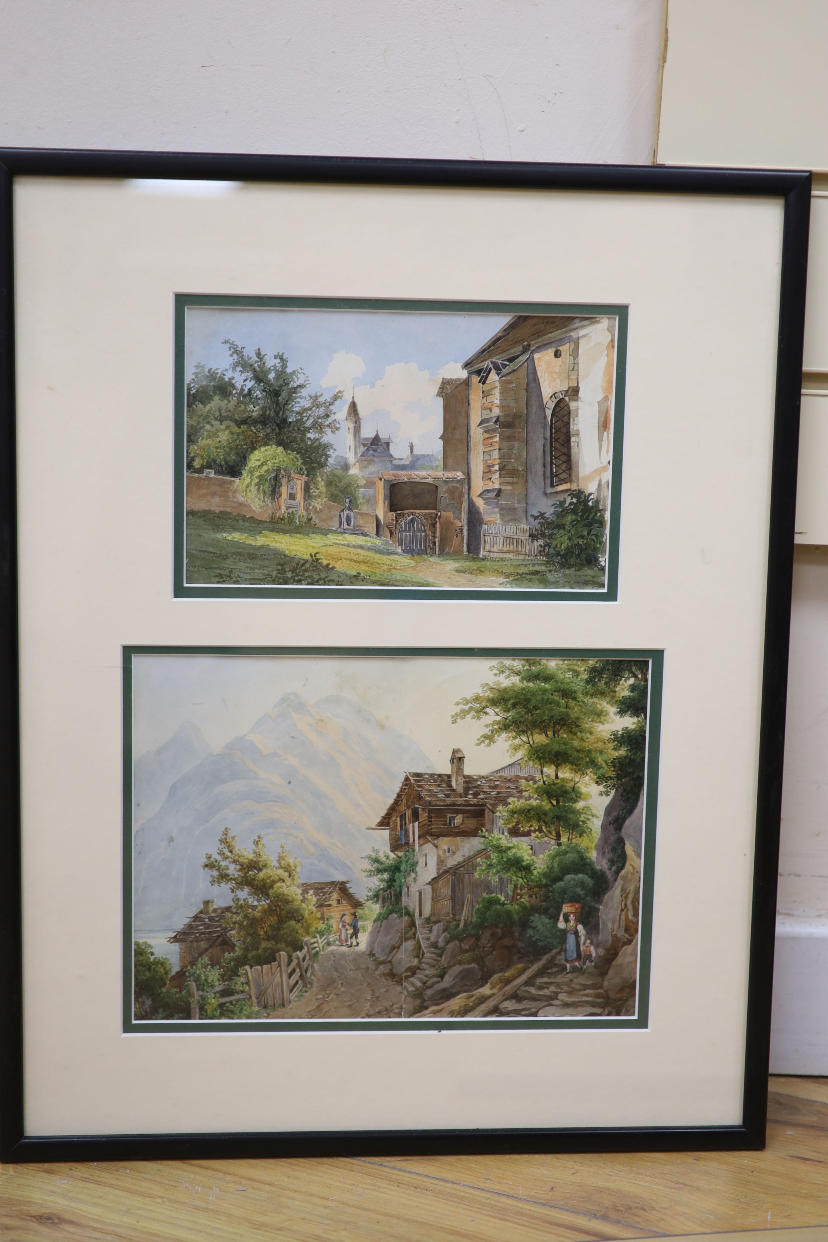 19th century German School, six watercolours, Studies of a horse and cart, a saddled horse and Alpine scenes, one signed Jules Schaffer 1847, the horse signed Gustav 1836, largest 19 x 26cm, in three frames